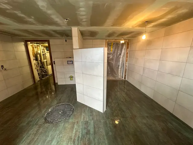 Badsanierung, Altbau: Helle Wandplatten und Boden in Oxidoptik, Trennwand zur Dusche eingebunden